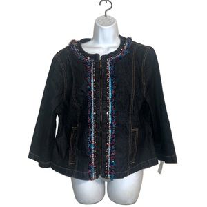 NWT Ruby RD Fringe Embellished Zip Front Jean Jacket Dark Denim SZ 14